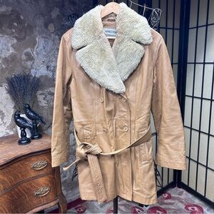 Vintage FritzWright Tan Leather Double Breasted Removable Faux Fur  Collar LARGE